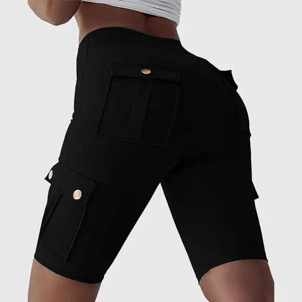 1pc Women's Solid Color Pocket Design Athletic Yoga Cargo shorts For Exercise & Fitness, High-Wais Sports Cargo shorts Activewear Shorts Sporty Shorts