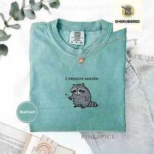 Comfort Colors I Require Snacks Embroidered Raccoon Tee – Funny Comfort Colors Shirt, Goblincore Animal Lover Gift, Cozy Snack Gremlin Tee