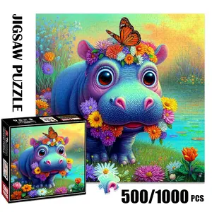 1pc 1000 piece adult puzzle 58x58cm Hippo with Flower Crown and Butterflies in Garden Scene 500 pieces paper jigsaw puzzle suitable for DIY creative games for adults and families, birthday and holid