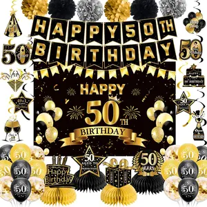 Birthday Decorations, Pre-Strung Happy Birthday Banner with Balloons, Backdrop, Honeycomb Centerpieces, Hanging Swirl Streamers, Black Gold Happy Birthday Party Decorations for Men Women