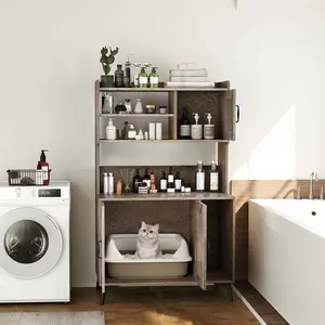 COSTWAY - Large Cat Litter Box Enclosure with Display Storage Shelves-Oak