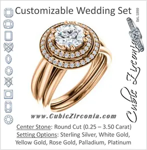 CZ Wedding Set, featuring The Brielle engagement ring (Customizable Round Cut Cathedral Double-Halo with Curved Split-Band)