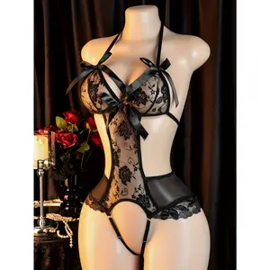 Sexy Black Lace Bodysuit for Women - Strappy Open Crotch Cut-out Leotard with Adjustable Spaghetti Straps & Bow Accents, High Elasticity Form-Fitting Lingerie, No Padding, Hand Wash Only, Bodysuit Lingerie Cowrie Savage x fenty