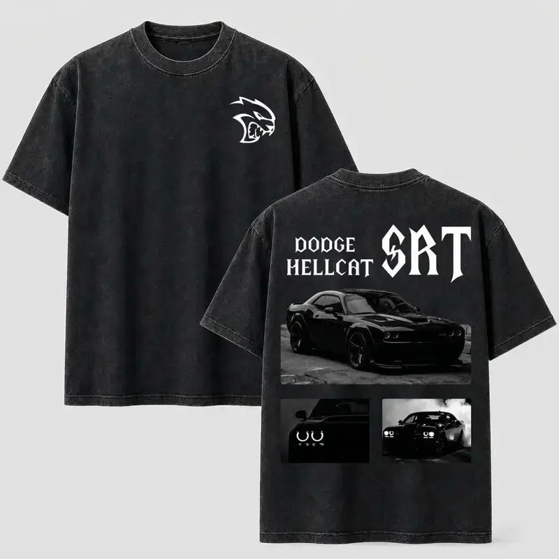 Men's 100% Pure Cotton Retro Washed Relaxed Short-Sleeve Dodge Hellcat Graphic Tee - Black Acid Wash Oversized Menswear Top, Casual Streetwear Muscle Car Shirt for Sports & Outdoor Use