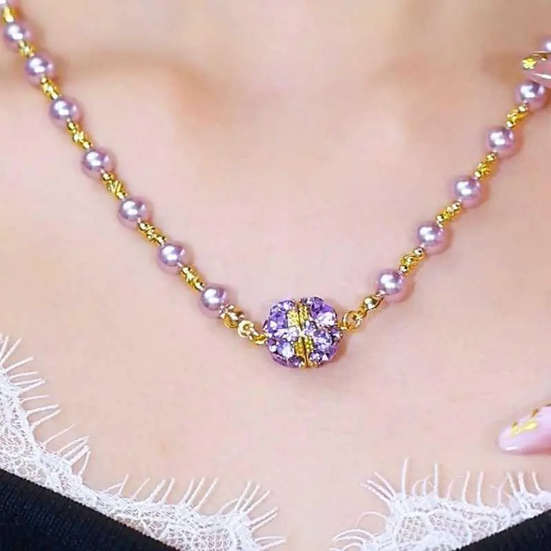 2024 Purple Magnetic Rhinestone Ball Beaded Necklace, Luxurious Violet Round Ball Necklace, Versatile Fall/Winter Piece HNAL62