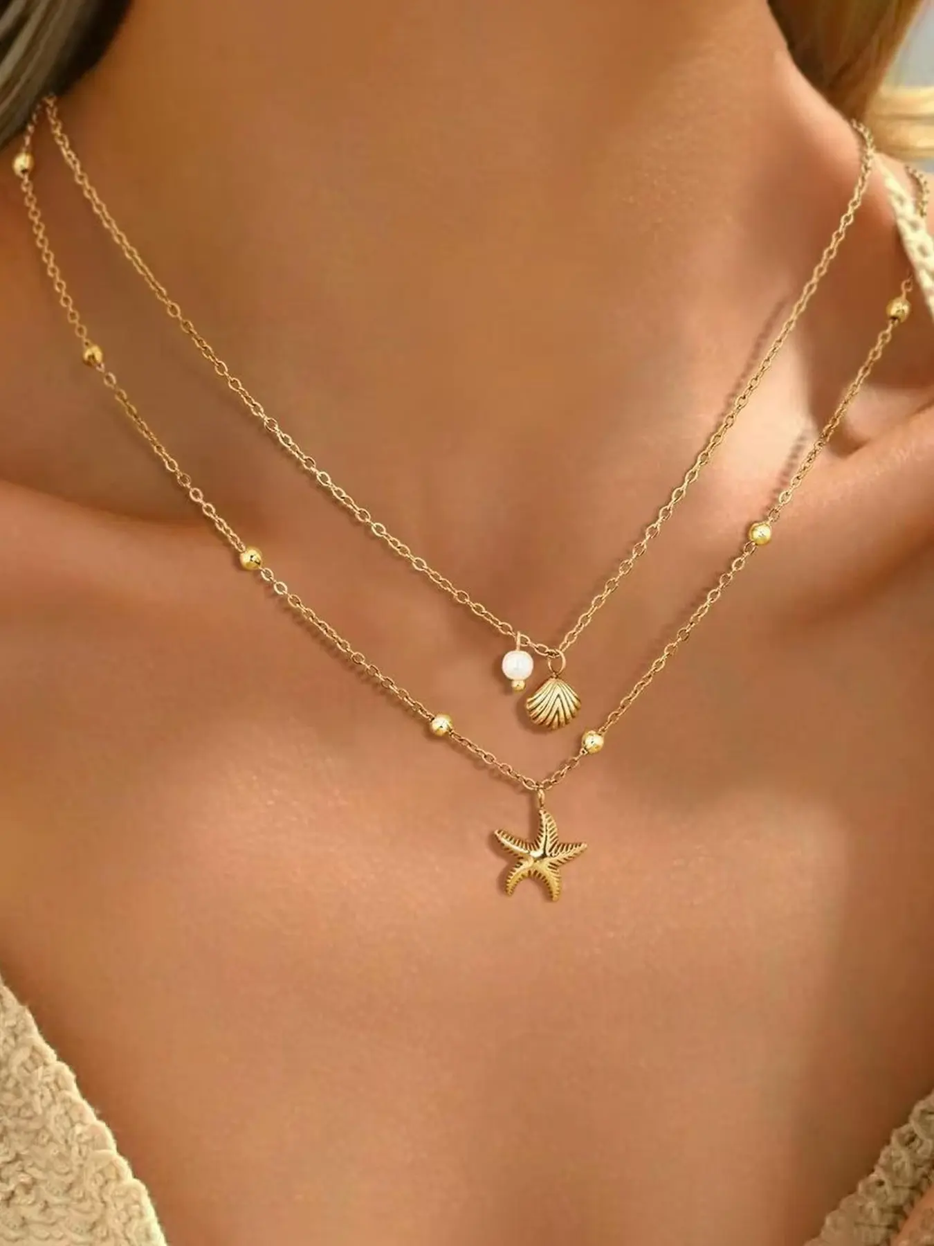 Shell Necklace for Women,14k Gold Plated Layered Starfish Conch SeaShell Pearl Pendant Charm Necklace,Non Tarnish Adjustable Stainless Steel Chain Stack Jewelry for Summer Beach Vacation, Stacking Necklace