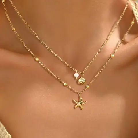 Shell Necklace for Women,14k Gold Plated Layered Starfish Conch SeaShell Pearl Pendant Charm Necklace,Non Tarnish Adjustable Stainless Steel Chain Stack Jewelry for Summer Beach Vacation, Stacking Necklace