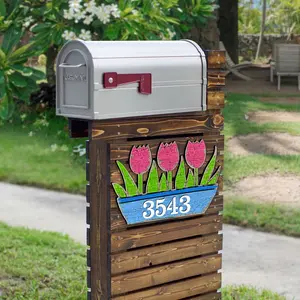 Designocracy MA989804-12 12 in. Colorful Tulip Flower Pot House Number Sign, Decorative Home Decor Plaque, Artwork Gift for Home Supplies