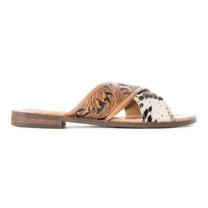 Myra Chappy Leather Slip-On Sandals for Women - Criss-cross Hairon & Tooled Leather Slides for Everyday Ranch Style