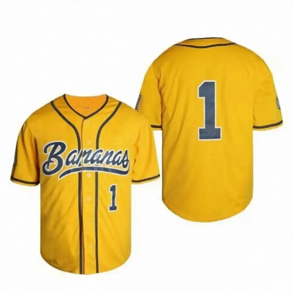 Men's baseball jersey, # 1, yellowwhite baseball jersey, banana,V-neck, letters andnumbers sewn, breathable,suitable for baseba