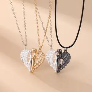 Couple Magnetic Hugging Heart Pendant Necklace, Angel Wings Devil Wings Magnet Design, Collarbone Chain Valentine’s Day Gift
