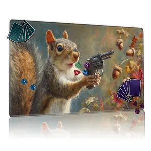 Realistic Gray Squirrel with Red-Brown Tail Holding Revolver Autumn Leaves & Acorns MTG Playmat - 12x24in Non-Slip, Perfect for TCG Card Games, Family Gatherings, Gift for Enthusiasts