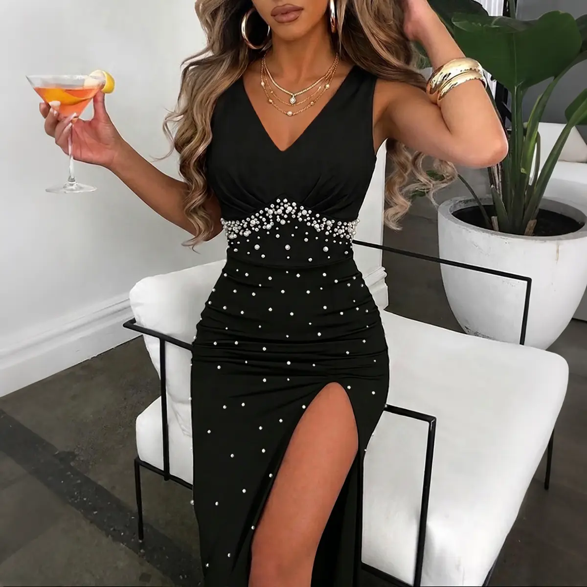 CHICME Women's Elegant Pearls Evening Dress Sexy Deep V Neck Ruched Bodycon Maxi Gown High Slit Backless Party Dress