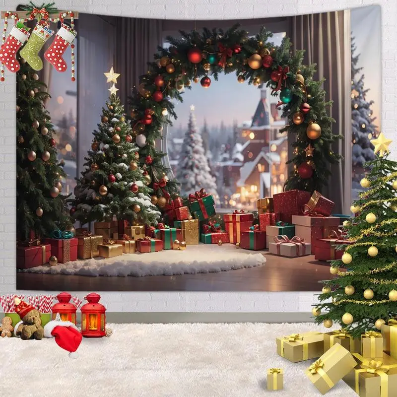 Christmas Tree Pattern Tapestry, 1 Count Christmas Gift Box Background Tapestry, Home Decor for Living Room Bedroom Study Room