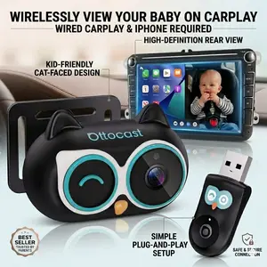 OTTOCAST Baby Car Camera  Wireless CarPlay Adapter 1080P HD Rear Seat Monitor Display on Car Screen,150°Wide Angle No-Glow Night View, Safety for Kids Infants