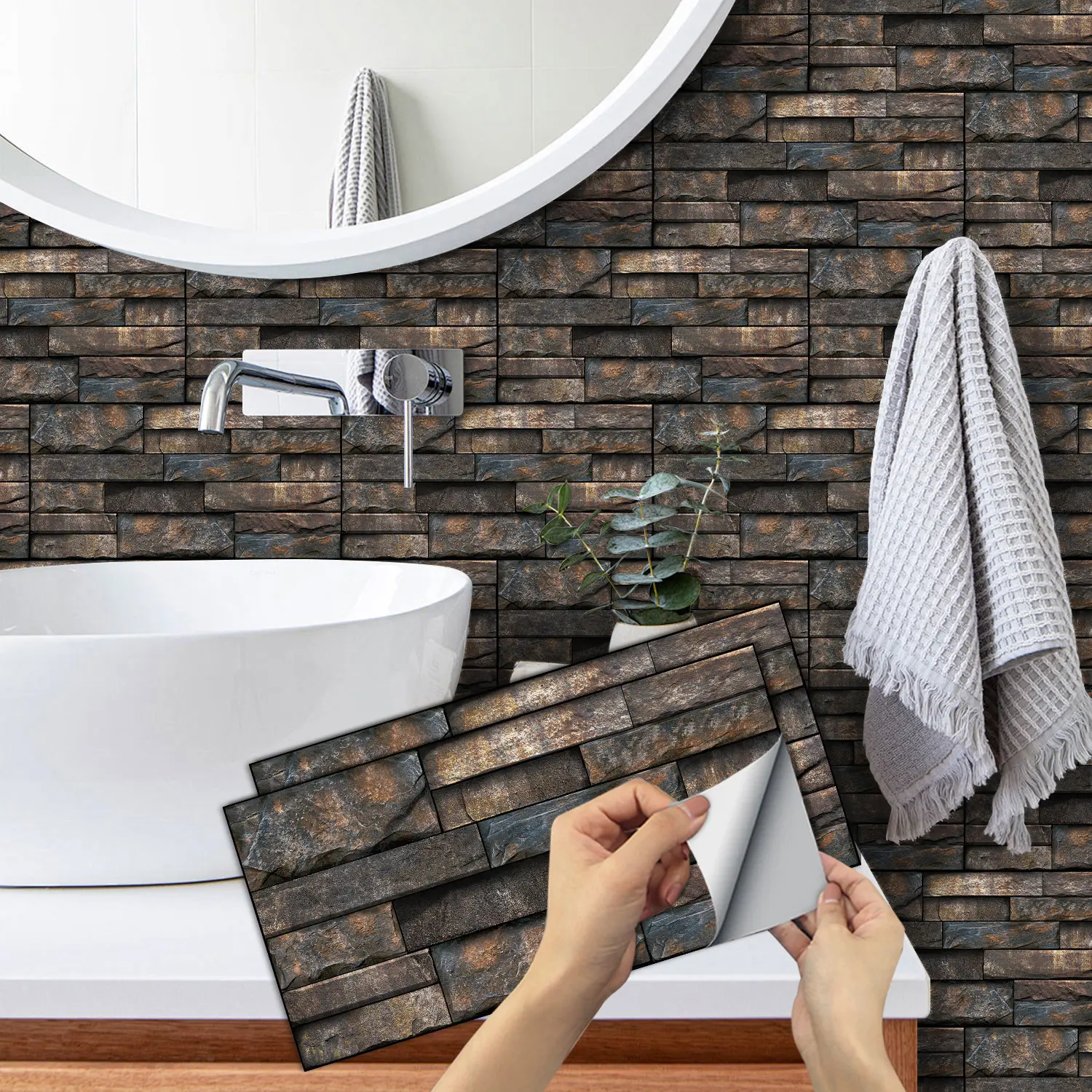 24Pcs 11.81x5.91inch Peel&Stick Wall Sticker Vinly Wallpaper, Textured Wall Paper, Waterproof Backsplash for Kitchen Bathroom, Self-Adhesive Tile Transfers Decal Stick on Tiles with Colorful Stone Brick Effect