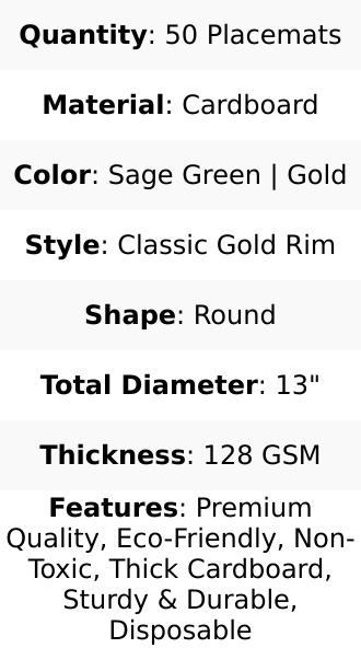 50 Pack Round Disposable Table Placemats 13" Sage Green with Gold Rim – Cardboard Charger Plates for Catering & Special Events, 128 GSM