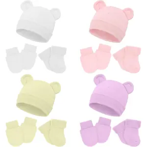 P-KCP01    4 Pcs Preemie Hats Mittens and Socks Set Preemie Mittens Warm Terry Socks for Baby