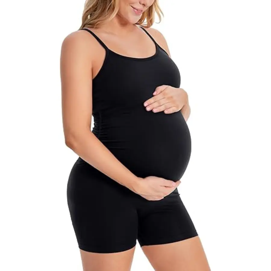 Women's Maternity Seamless 1-Piece Bodysuit - Spandex Blend, Spaghetti Straps, Adjustable Ruched Sides, Built-in Removable Padding Bra, Belly-Friendly Casual Yoga Wear, Pregnancy Underwear, Solid