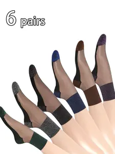 Women's Comfortable Breathable Mesh Socks, Spring Summer Thin Mid-Calf Design, Silver Color Sparkle Series, Pack of 6 Pairs