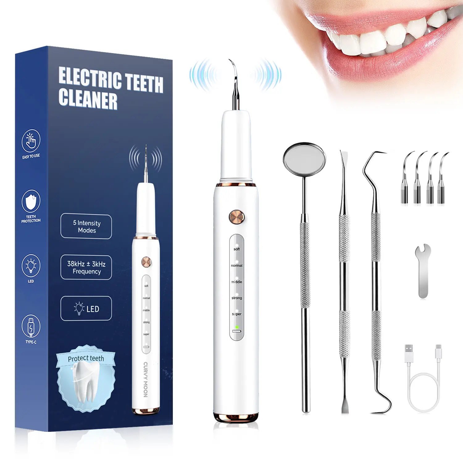 Rechargeable Ultrasonic Electric Teeth Cleaner for Adults - Waterproof LED Light Dental Scaler with Replacement Heads, White Teeth Whitening & Oral Care Tool for Home Tartar Removal, Teeth Care
