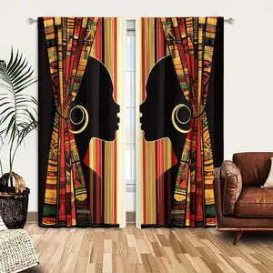 2pcs Window Curtains, Home Decoration Curtain, Two African-inspired silhouettes face each other, framed by colorful tribal print curtains, a striped background and gold earrings complete this vibrant design, for Bedroom Living Room