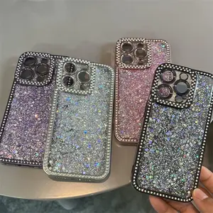 Glitter Rhinestone Decor Phone Case, Shockproof Phone Protective Cover, Phone Accessory Compatible with iPhone 16 Pro Max 15 14 13 12 11 Pro Max, Casing, Protector, Smartphone Cover, Protection