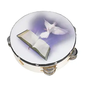 8 Inch Round Double Row Hand Bell Drum with Handle, Peace Dove & Book Design, Handheld Tambourine, Musical Instrument for Home School Church