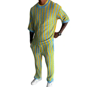 Men’s summer knit crew-neck color-block striped set, casual short-sleeve top and elastic-waist long pants two-piece set, cutout design, stylish and versatile, suitable for everyday wear and vacations #SummerWins