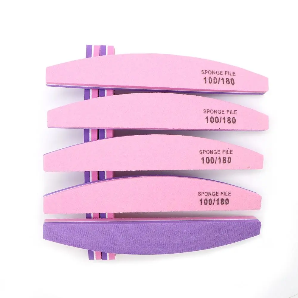 2Pcs Washable Nail Files Nail Supplies Halfmoon Sponge File 100/180 Grit Purple Pink Double Color Buffer File Remove Nail Polish