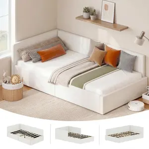 Garvee Twin Daybed with Headboard, Corner Bed Frame with Bed Rails, Velvet Upholstered Sofa Bed with Guardrail for Bedroom, Guest Room, Adjustable Installation, Wooden Slats Support, Beige