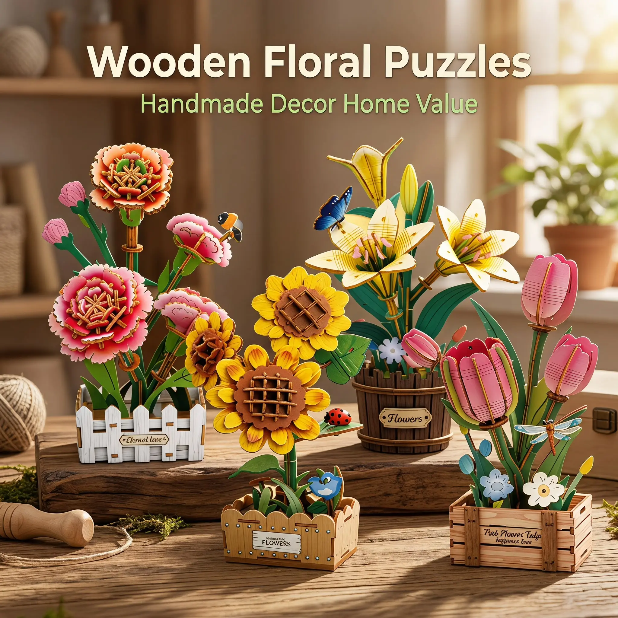 DIY Wood 3D Puzzle Assembly Kit - No Glue, Manual Handcrafted Decorative Fence Planter Flower Pot with Carnation, Lily, Tulip Floral Art - Tabletop Craft Gift for Women's Birthday (Toys & Hobbies, DIY Woodwork)