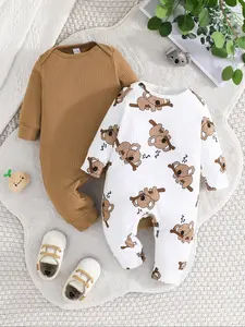 Baby Two-Piece Set Ribbed Long Sleeve Romper Onesie, Solid & Koala Print, Comfortable Casual Daily Wear