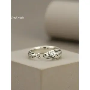SleekHush Vintage Fish-Opening Adjustable Ring, Fashionable Unisex Jewelry Accessories for Adults, Simple Design Daily Wear, Ideal Gift for Parties, Indoor Recreation Use, Accessories Adults