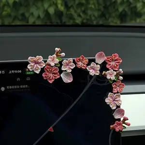 14pcs 3D Peach Blossom Car Stickers, Cute Car Interior Decorations, Dashboard Screen Accessories, Electric Vehicle Adornments