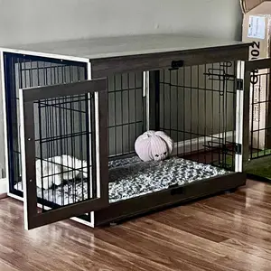 Dog Crate Furniture with Soft Pad & Wheels, Dog Cage with 2 doors, Wooden and Metal Dog Kennel, 2 Size Option