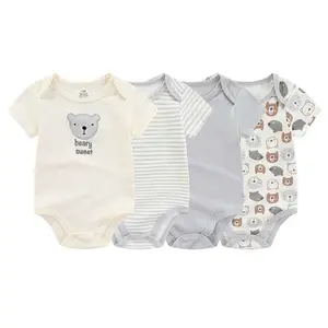 Kiddiezoom 4Pcs Fashion Short Sleeve Cartoon Baby Boy Girl Bodysuit 100% Cotton Newborn Boy Girl Clothes