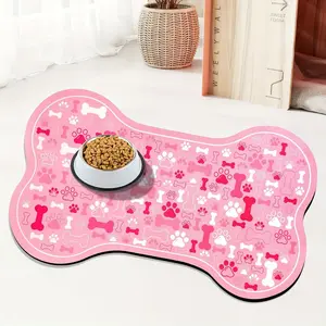 Cute Bone Shape Pet Feeding Mat with Puppy Paw Prints, Non-Slip Quick Dry Washable, Durable Food and Water Bowl Pad for Small Medium Dogs