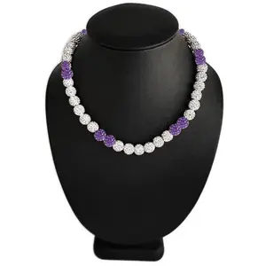 Iced Bling Disco Ball Rhinestone Crystal Bead Baseball Necklace Silver Snow Collection Purple