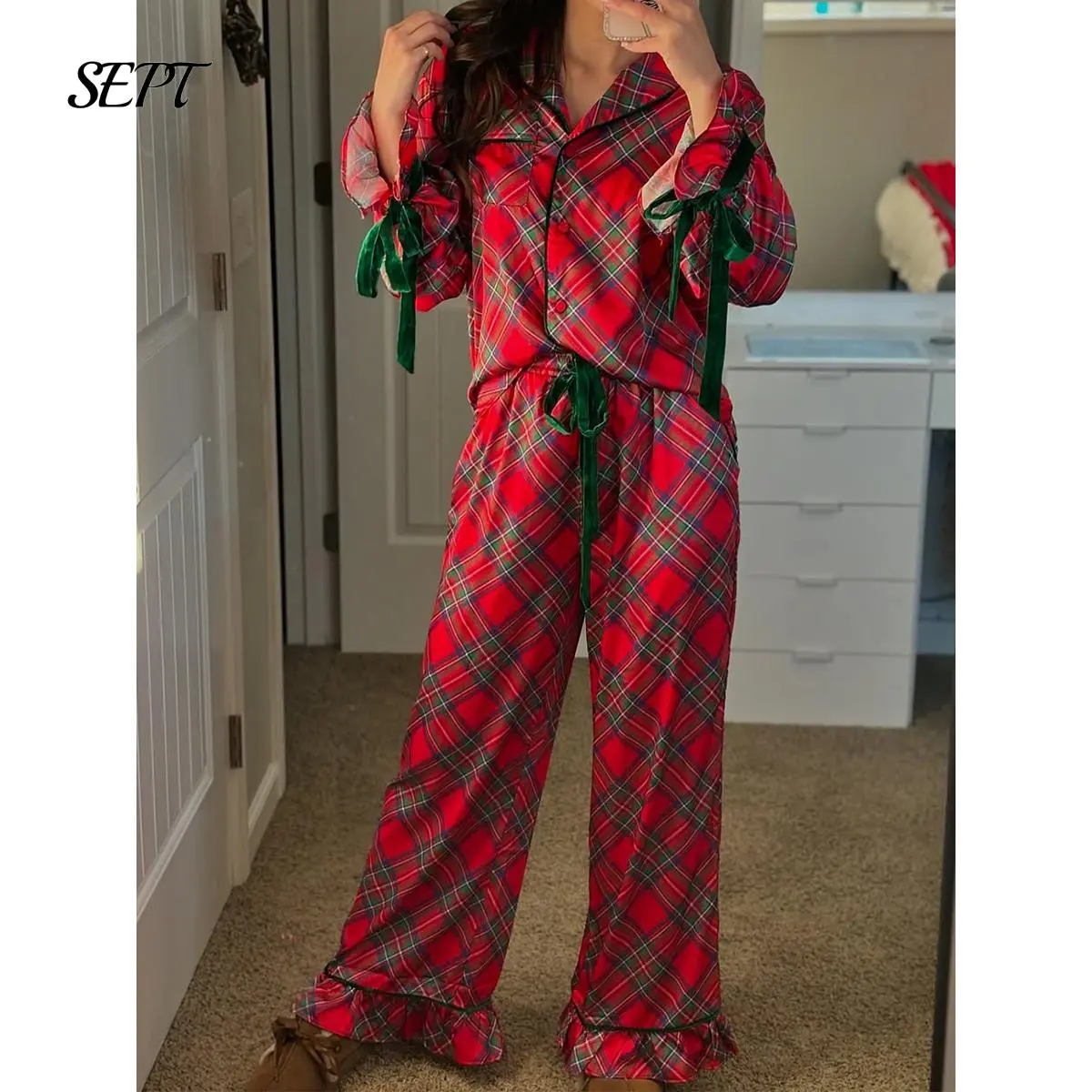 Bow Pajamas Women Striped Pajama Set Long Sleeve Shirt Elastic Pants Christmas Pjs Holiday Sleepwear