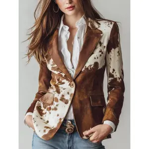 Retro cowhide printed eco-friendly suede sports jacket | Women's buffalo leather jacket | Sustainable cowhide printed jacketRAIMENTRY