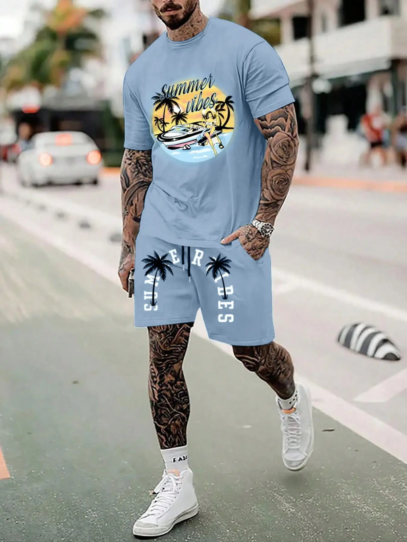 Men's Summer Casual Print Two-Piece Set, Regular Fit Shirt & Shorts Combo, Outdoor Activities Short Sleeve Top, Comfortable Breathable Daily Wear