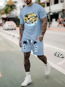 Men's Summer Casual Print Two-Piece Set, Regular Fit Shirt & Shorts Combo, Outdoor Activities Short Sleeve Top, Comfortable Breathable Daily Wear