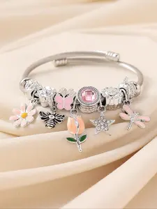 Cute Butterfly & Flower & Bee Design Charm Bracelet, Rhinestone Decor Bracelet, Rhinestone Decorated Bracelet for Women & Girls, Fashion Jewelry for Party, Daily Decor, Trendy All-match & Exquisite Jewelry for Birthday Gift, Stainless Steel Bracelet