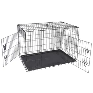 SUPERDEAL Double Door Folding Metal Dog Crate with Tray & Divider Panel for Dogs, Black, 42"