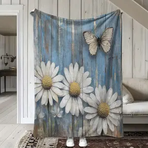 Vintage Blue Wooden Backdrop Tapestry with White Daisies and Delicate Butterfly