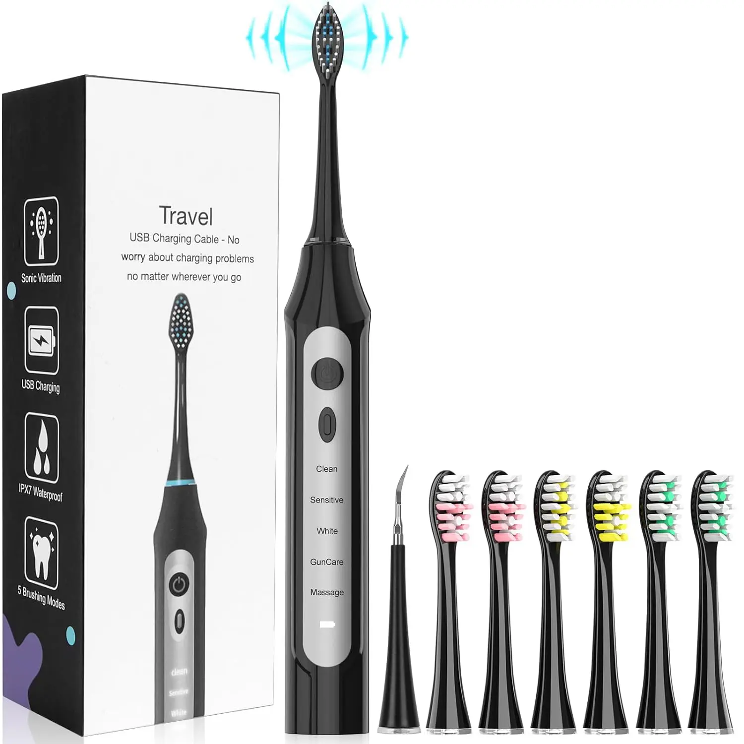 Electric Toothbrush for Teeth Cleaning - Rechargeable Toothbrush with 6 Brush Heads & Plaque Remover for Teeth, IPX7 Waterproof, 5 Modes with 2-Min Smart Timer, One Charge for 90 Days Cleansing