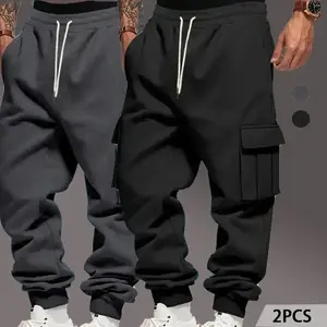 2-Pack Men's Loose Fit Cargo Pants Casual Outdoor Workwear Sweatpants Autumn Winter American Style Thickened Joggers with Drawstring Waist & Practical PocketGift