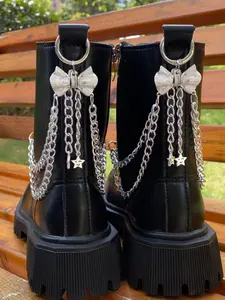 2pcs  Women's Bow Boots Accessories, Silver Color Metal Chain Smiley Star Pendant Punk Streetwear Fashion DIY Detachable