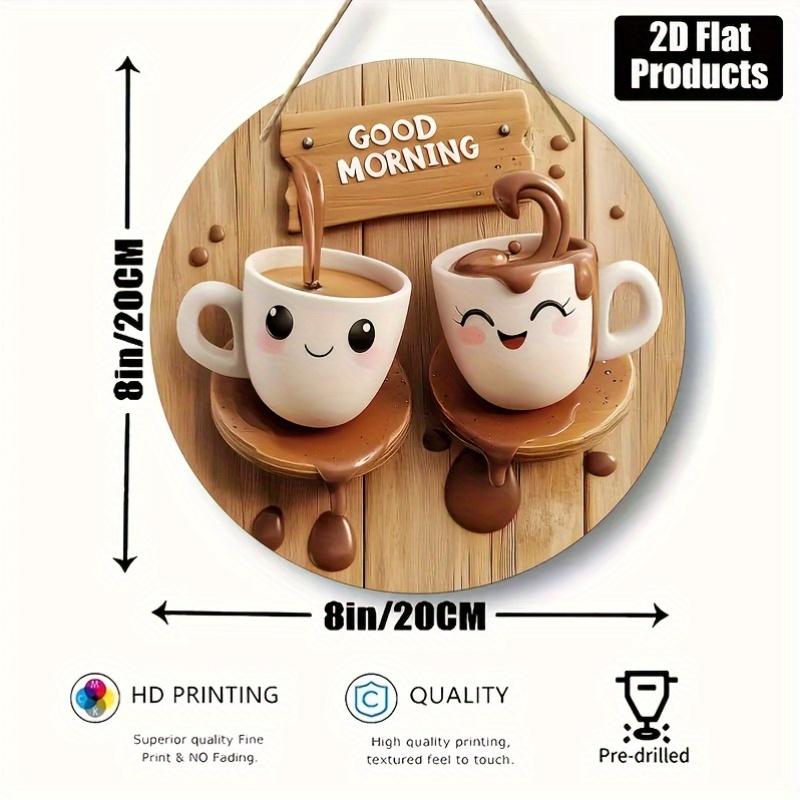 1PC 2D Flat, Vintage Tea Theme Wooden Wall Hanging, 8x 8inch - Fantasy Cup and Plate Design, with "Good Morning" Message, Perfect for Kitchen, Coffee Shop, Home, Living Room, and Office Decoration